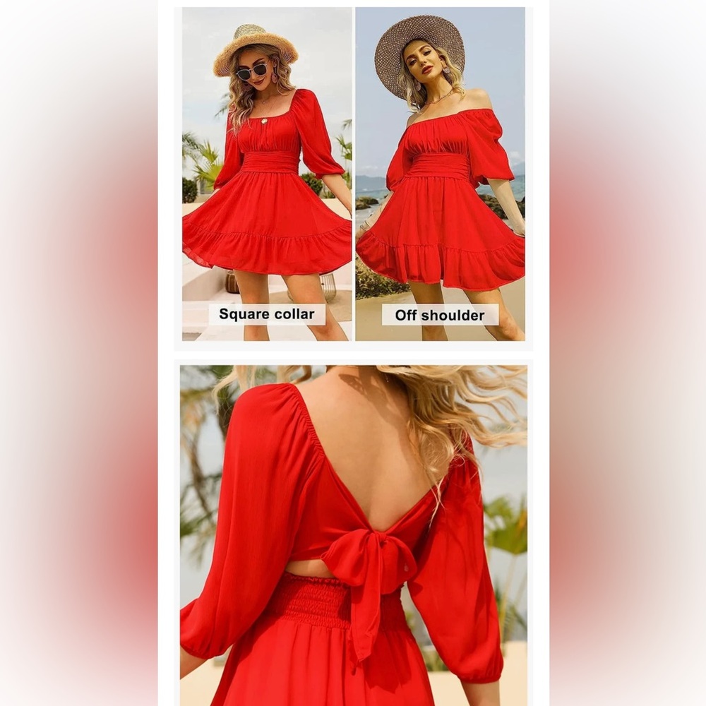 Lantern Sleeve Tie Back Casual/Ruffled Off Shoulder A-Line Mini Dress